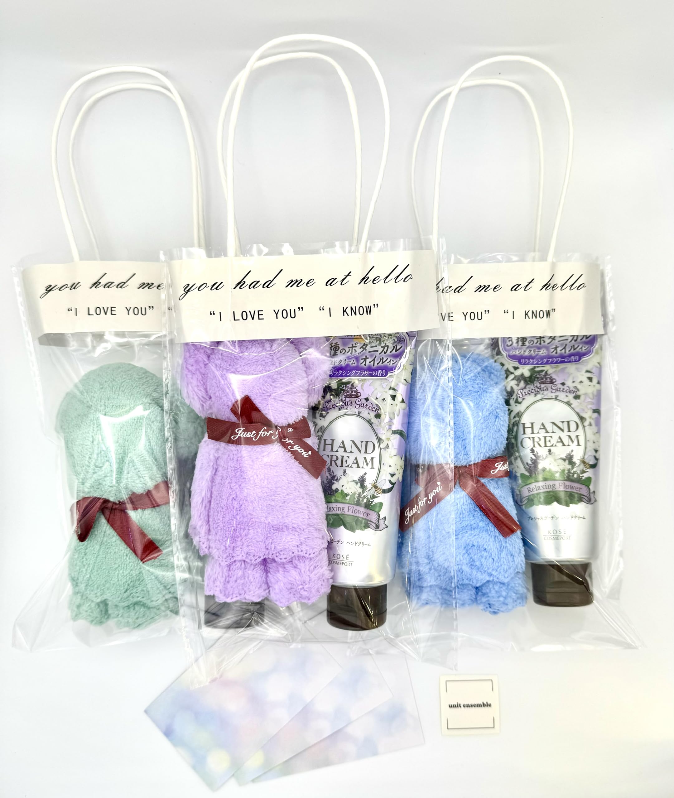 unit ensemble プチギフト くまさんタオルハンカチ×ハンドクリーム各3個セット パープル系 クリアバッ..
