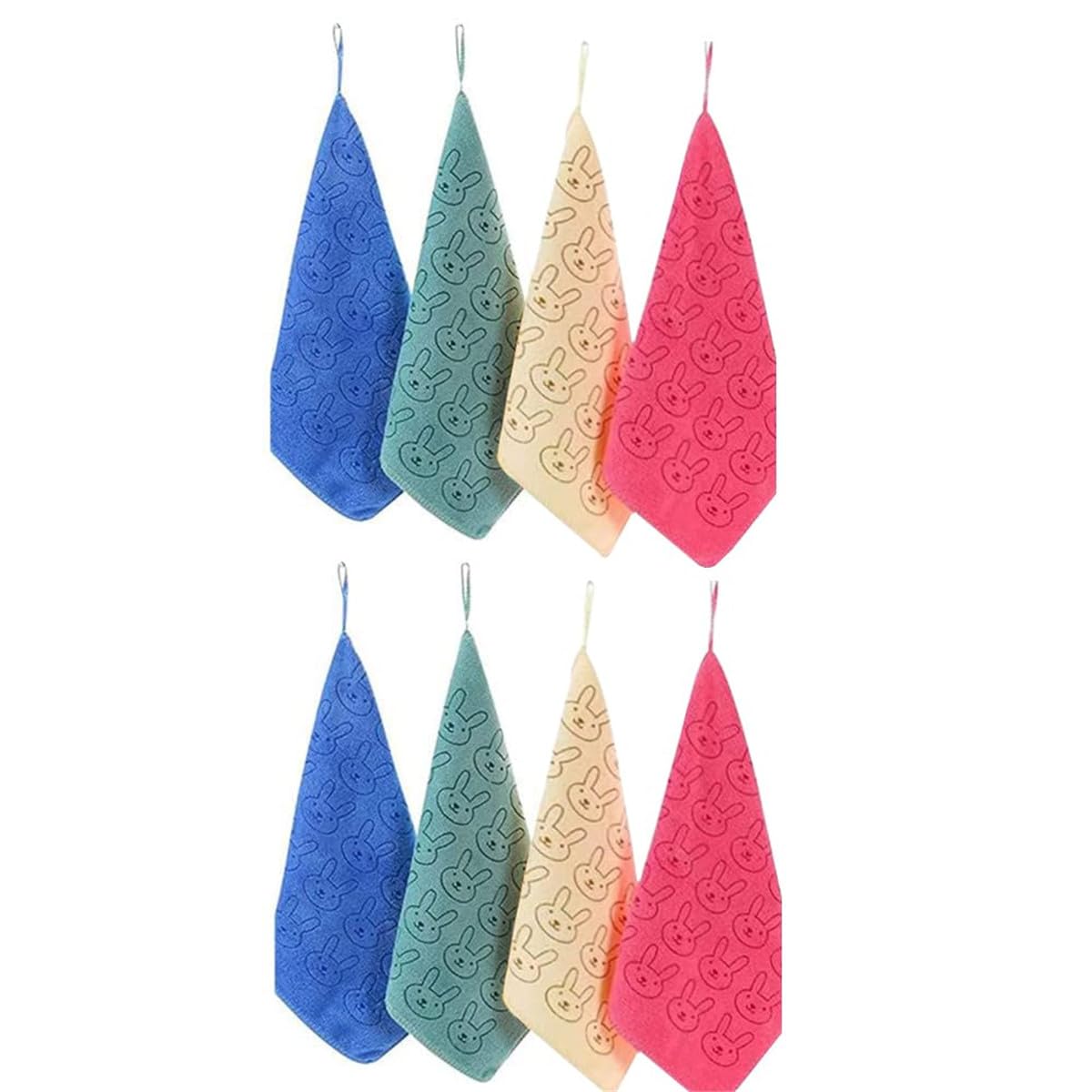 8枚セット 25×25cm ループ付き うさぎ柄 タオル ベビービブ 紐付き アニマル柄 ハンカチ ナノ加厚 洗顔用 子供用 小方巾 幼稚園用 キッチン用