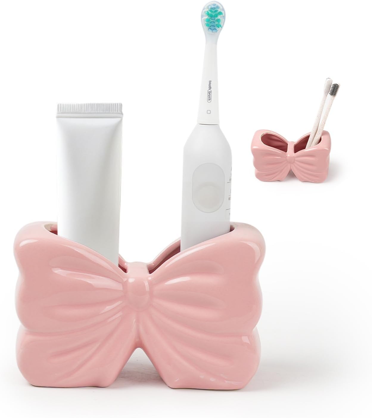 リボンデザイン歯ブラシスタンド 2 ホール 陶器製 多機能歯ブラシスタンド 洗面所 収納 洗面用品 歯磨き粉 電動歯ブラシ置きスタンド