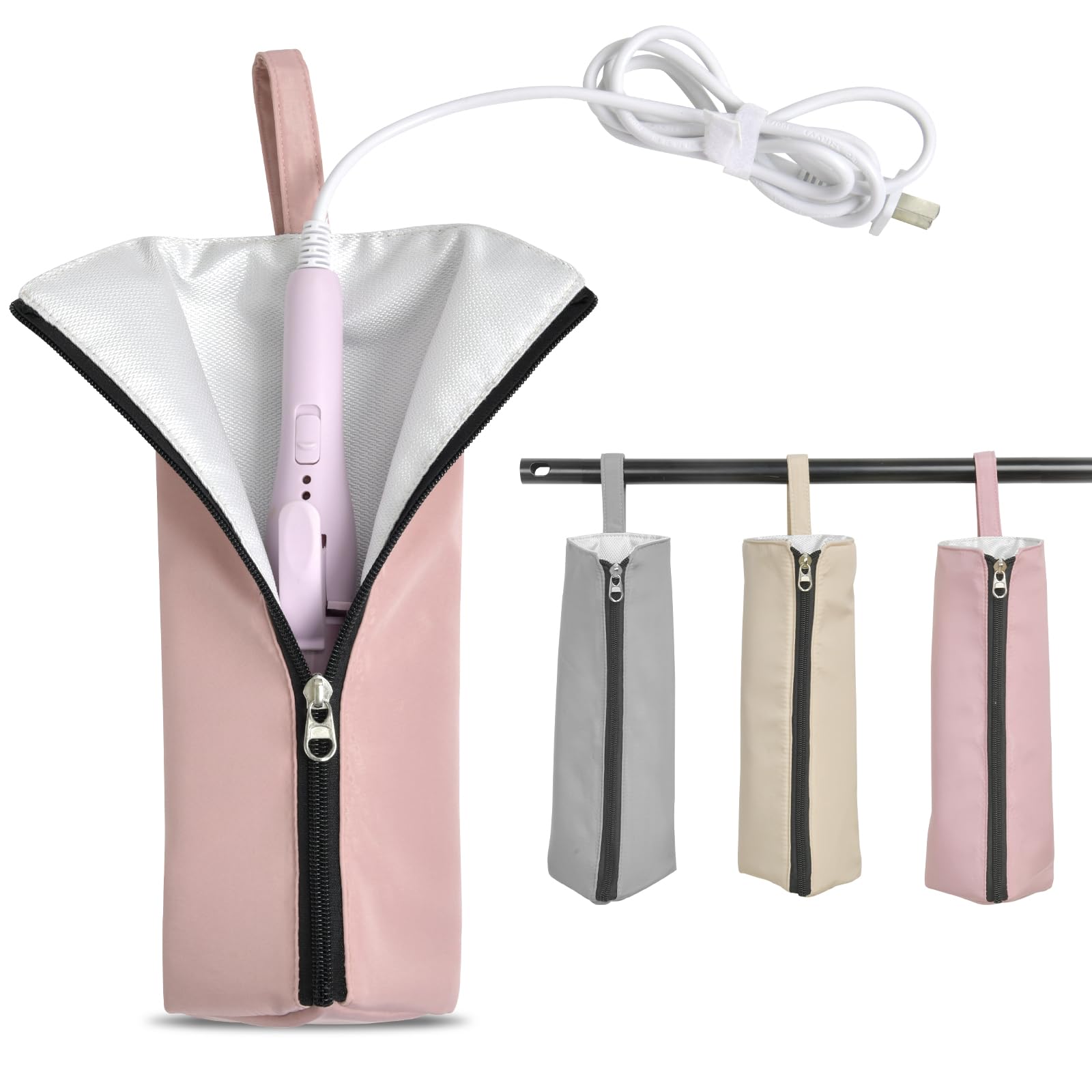 Ganve ヘアアイロンケース コード収納ポケット付き レディース 吊り下げ 耐熱 ヘアアイロンポーチ 日本..