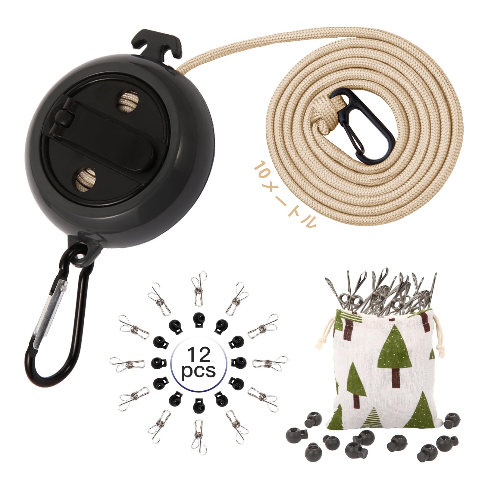 Caudblor キャンプ用物干し、ホテル旅行、クルーズ、12pc洗濯バサミとストッパー付き屋外/屋内用ランド..