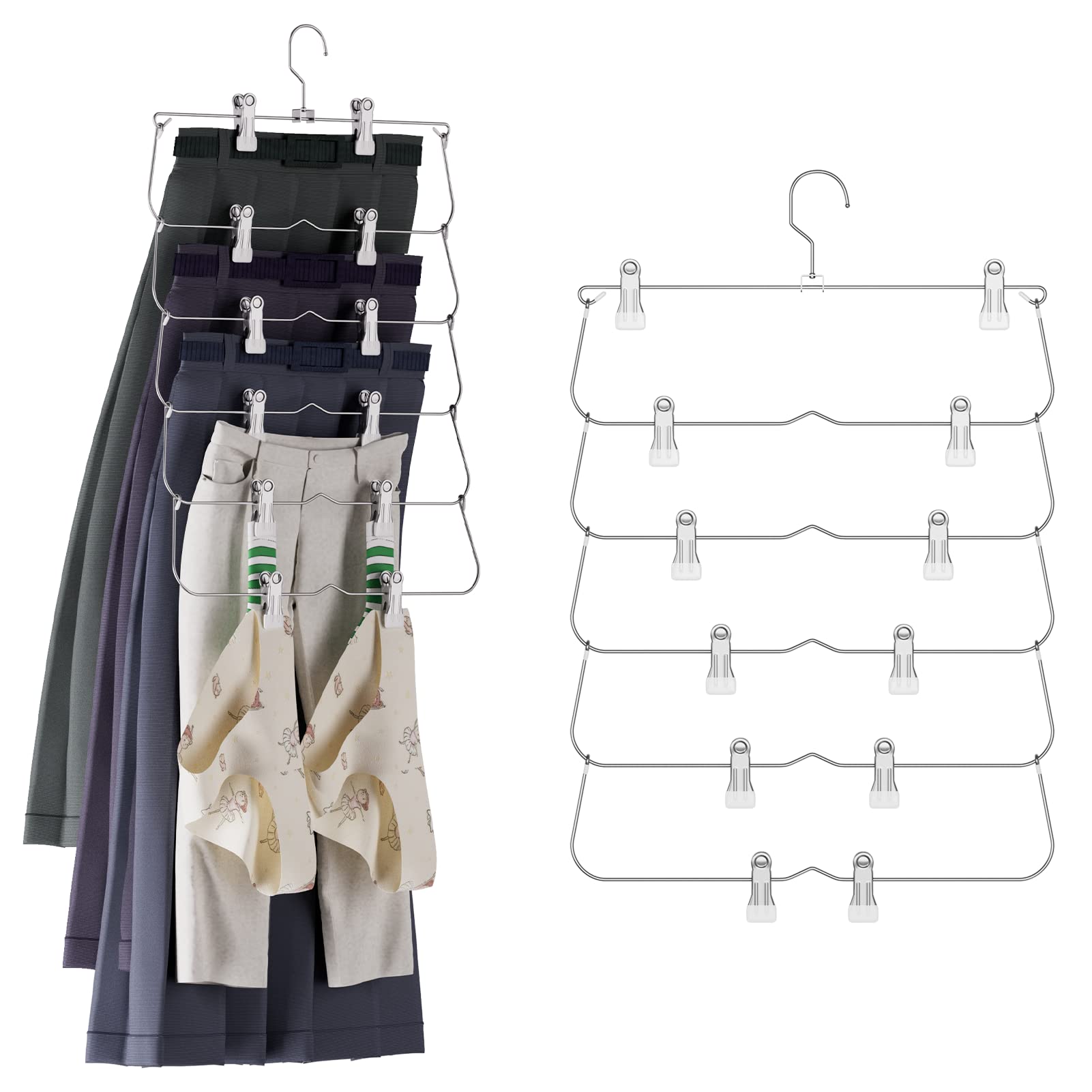 VACNITE ズボンハンガー スカートハンガー 6段 2本セット 折り畳み 多機能 ハンガー 強力クリップ付き 跡がつかない クローゼット収納 省スペース (ホワイト)