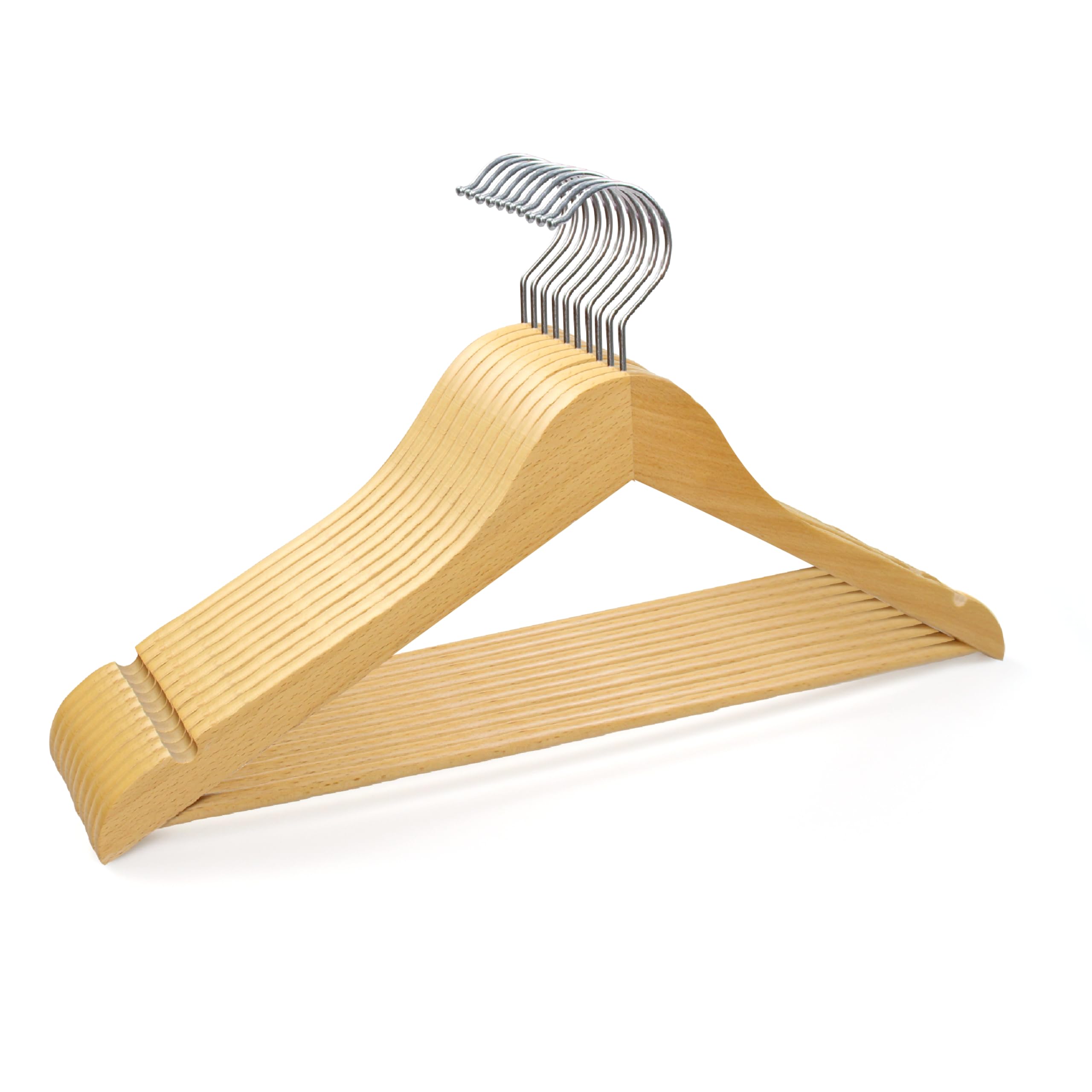 木製ハンガー メンズ レディース ズボンバーが付いた 型崩れ防止 360度回転 薄型洋服ハンガー スーツ シャツ ジャケット コート用(天然の美しい木目, 10本)