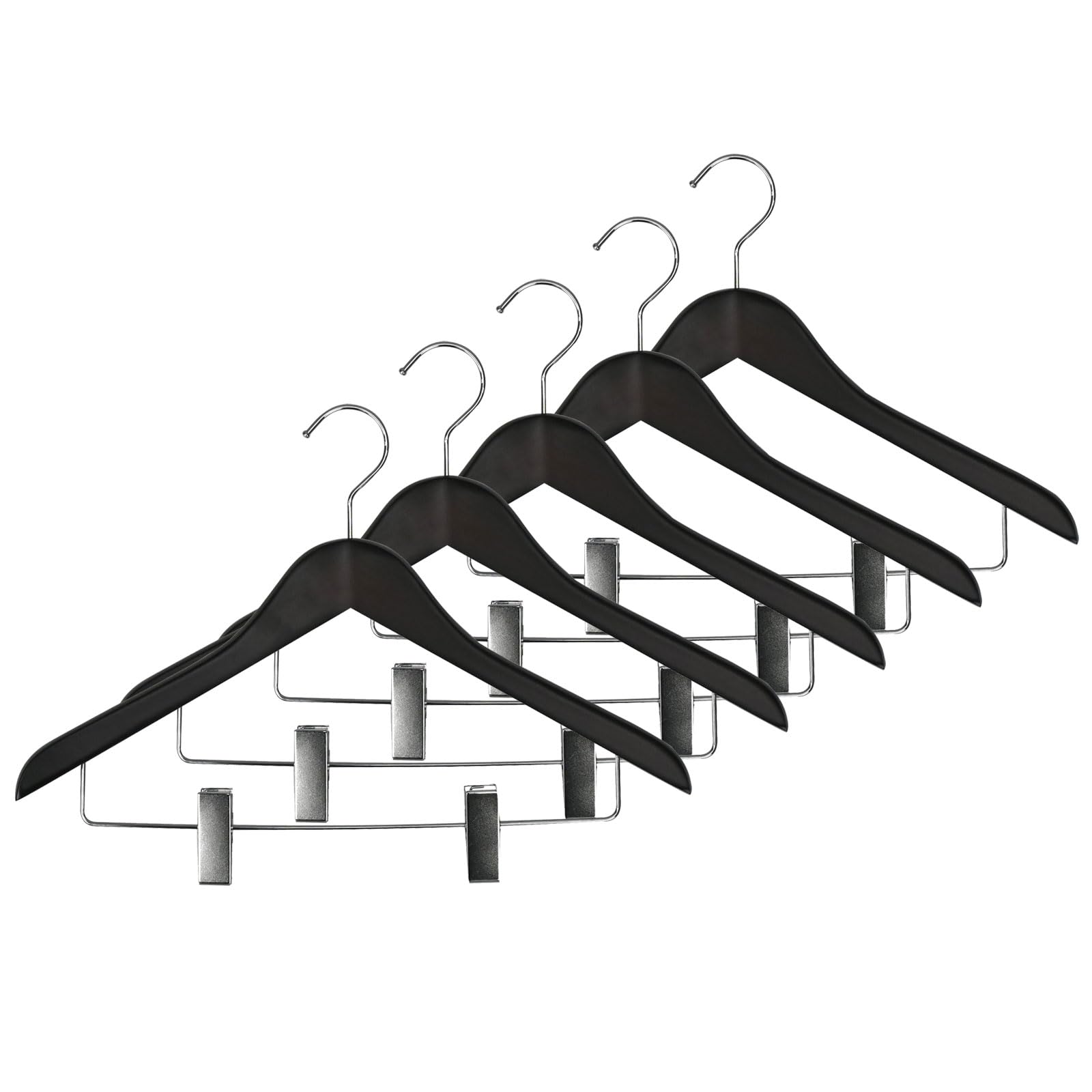 サワフジ 洋服ハンガー 木製ハンガークリップ付 5本組 ダークブラウン 幅430mm スーツ スカート スラックス パンツ ズボン すべり止め付 天然木 薄型 北欧 掛け クローゼット 収納 頑丈 衣類