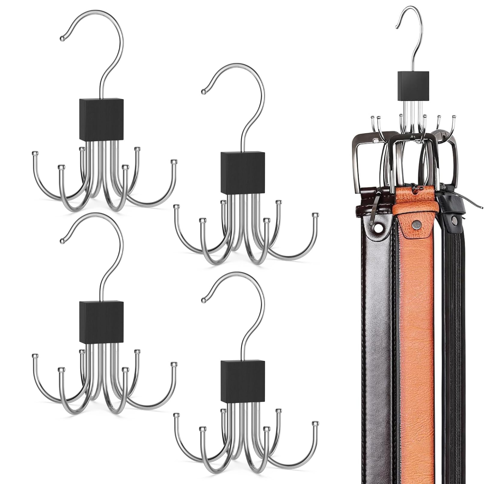 SATOMO ベルト ハンガー 360度回転 木製 6本掛け 4個 セット 小物収納 クローゼット 省スペース ネクタイ収納 収納便利 (ブラック)