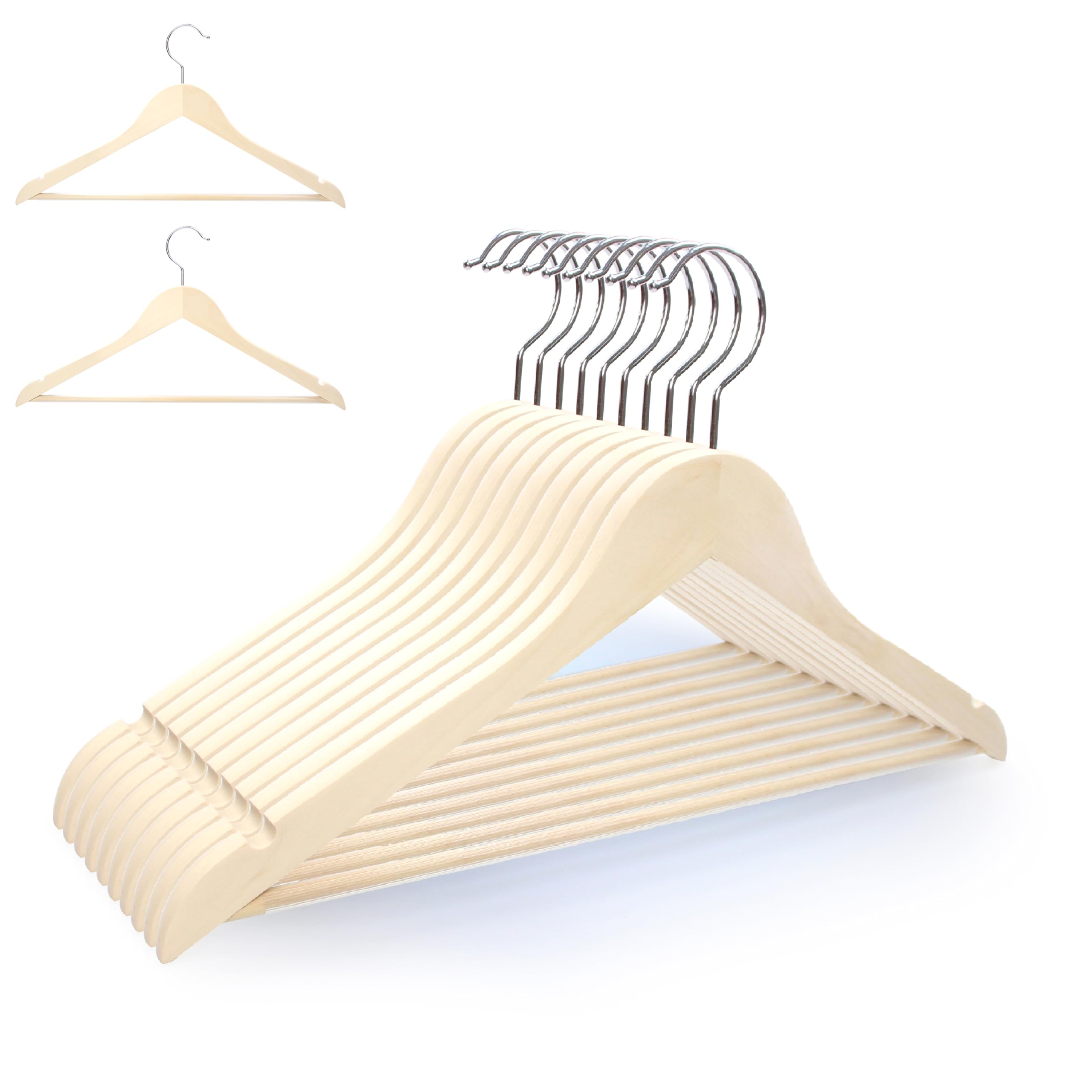 塗装されていない木製ハンガー 型崩れ防止 360度回転 スムーズ 表面 薄型洋服ハンガー コートスーツ 10本組セット