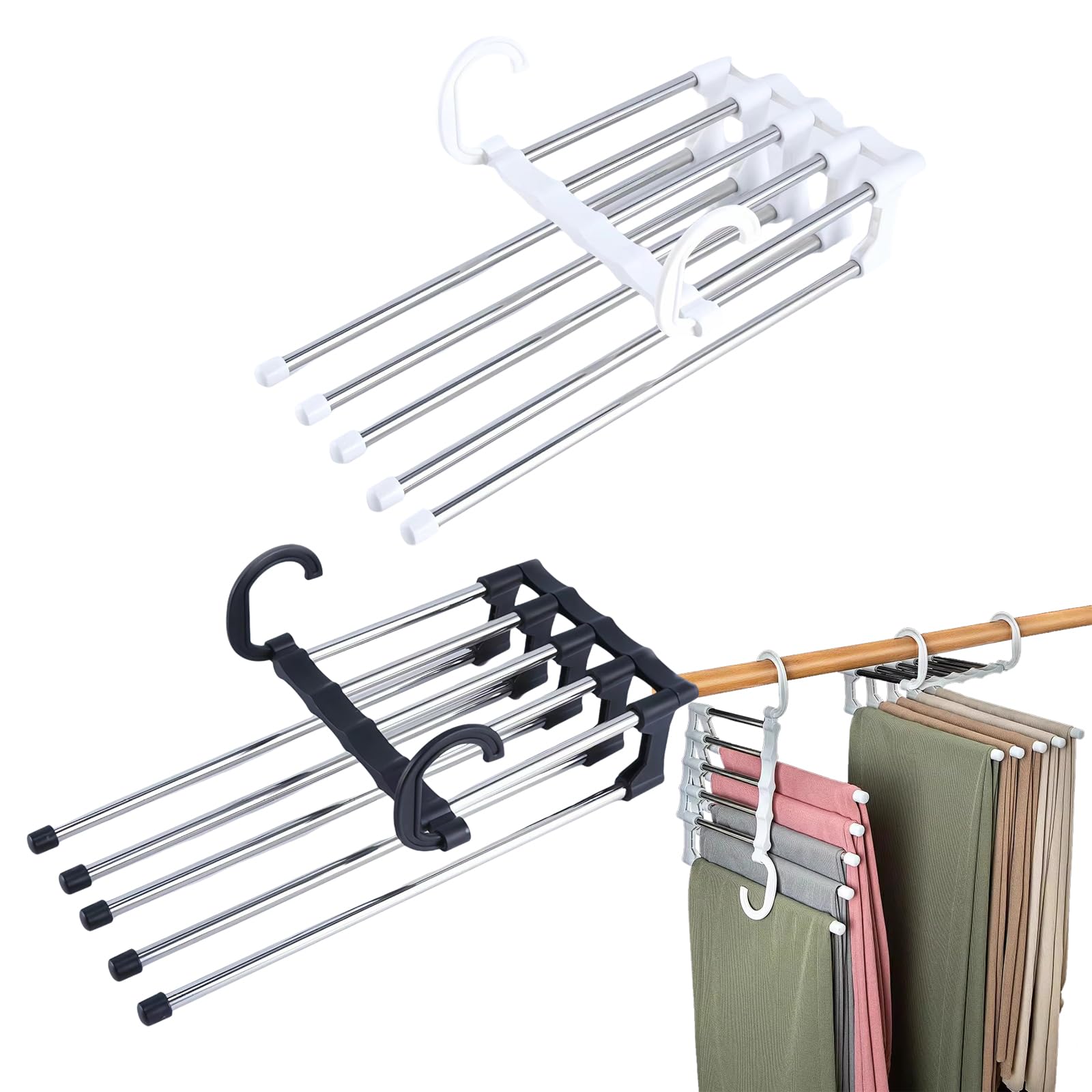 ズボンハンガー 滑らない 折りたたみ 5段 パンツ タオルにも 洗濯ハンガー スラックスハンガー ステンレスハンガー ネクタイハンガー かたくずれ防止 跡がつかない 不要組み立て 省スペー