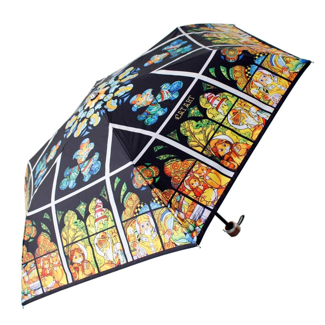【CAT ART】 キャットアート 晴雨兼用 折りたたみ傘（傘袋付き）プラハ聖ニャート大聖堂のステンドグラ..