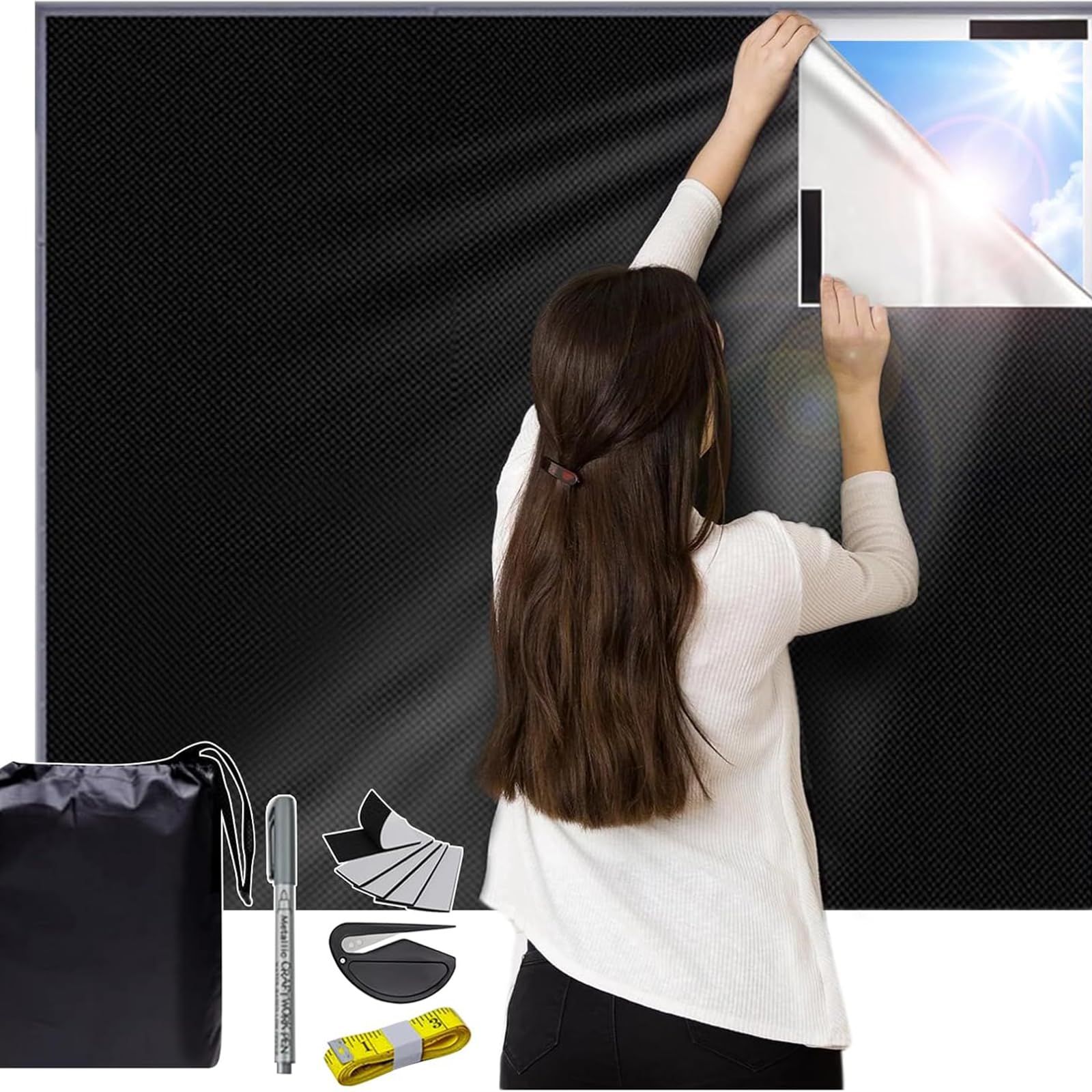 遮光シート 窓ガラス目隠しフィルム 布 断熱シート 窓 布 UVカット 夏 紫外線遮断 窓ガラス 目隠しシート 日よけシート 黒 日除け 遮光テープ 西日対策 貼付簡単 (1.45×2m)(3)