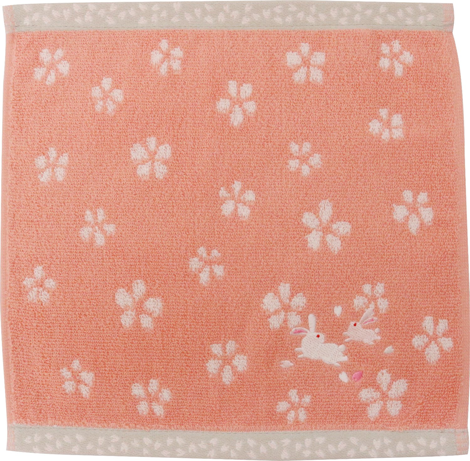 京佑 和雑貨 タオルハンカチ 青々庵刺繍 うさぎ親子ピンク 25.5×24.5cm