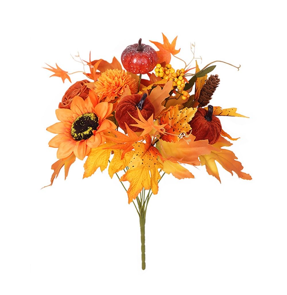 DIFEIUKI 造花ブーケ 人工植物 花束 枯れない ひまわり 松の実 ヒマワリ カボチャ バラ 紅葉 秋飾り 室..