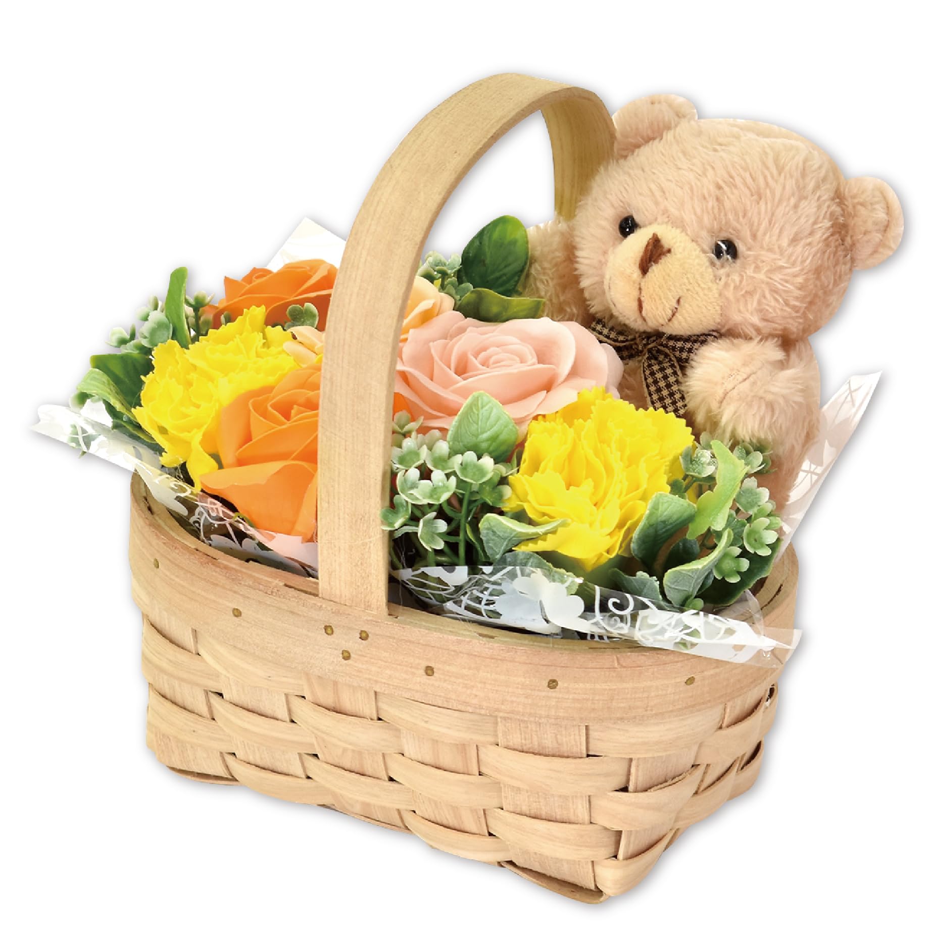 ポピー名古屋 ソープフラワー ギフト くま付き バスケット アレンジメント 誕生日 プレゼント 母の日 枯れない花 香る花束 SH‑083 イエロー