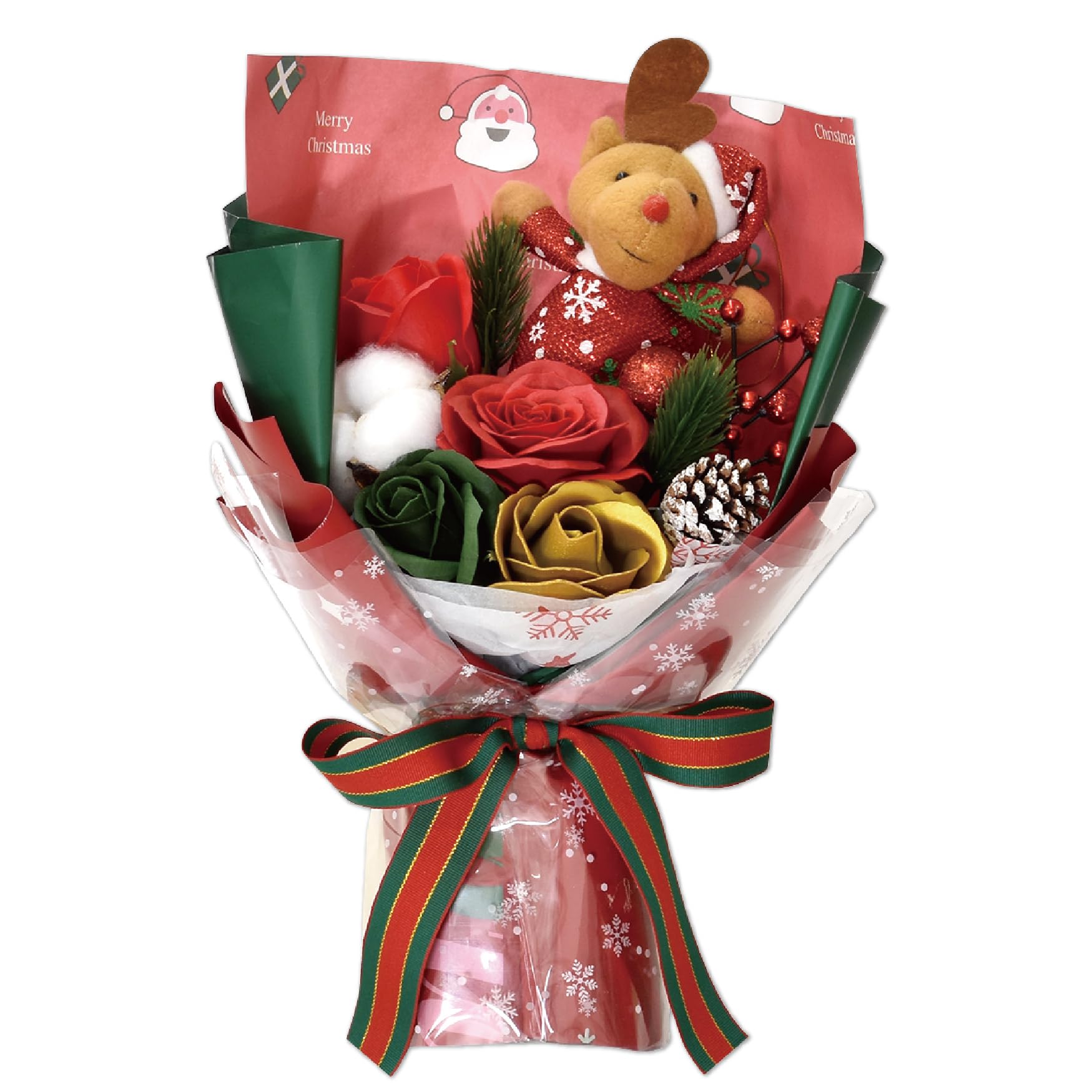 ポピー名古屋 ソープフラワー シャボンフラワー 造花 ギフト プレゼント 4輪ブーケ バラ 花束 約30cm ぬいぐるみ ギフトバック付き SH-061 レッド