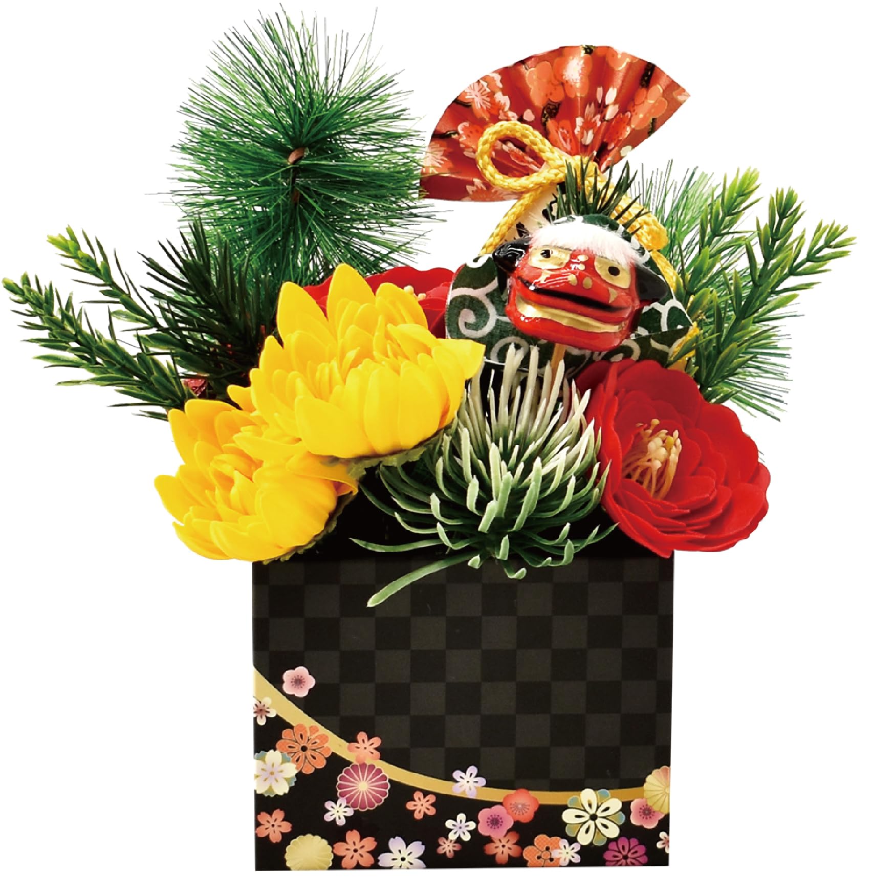 ポピー名古屋 ソープフラワー 造花 シャボンフラワー 造花 ギフト プレゼント 正月 フラワーボックス 椿 菊 約20cm 玄関 正月飾り 新春 獅子舞 SBL...