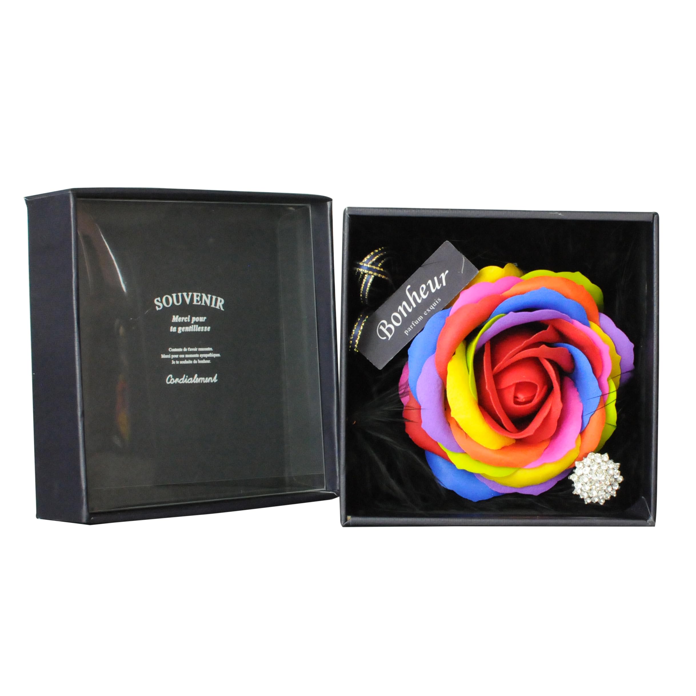 誕生日や記念日に贈れる いい香りのするボックスバラのソープフラワー (レインボー)