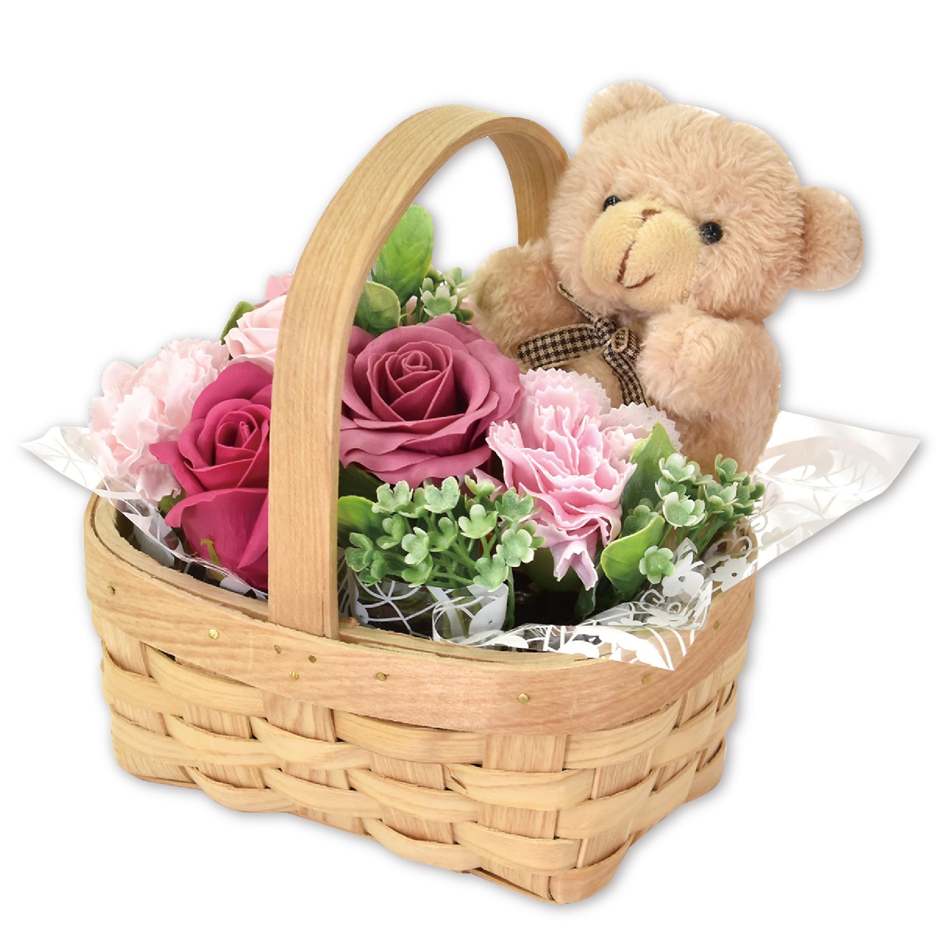 ポピー名古屋 ソープフラワー ギフト くま付き バスケット アレンジメント 誕生日 プレゼント 母の日 枯れない花 香る花束 SH‑083 ピンク