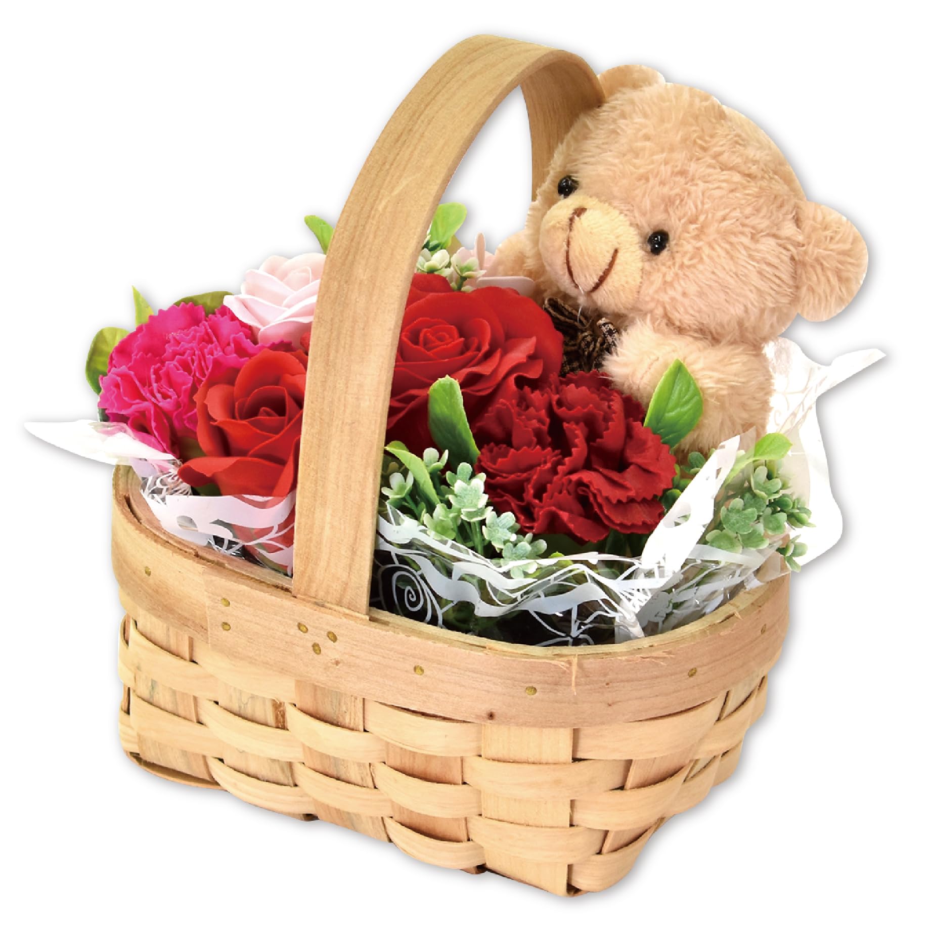 ポピー名古屋 ソープフラワー ギフト くま付き バスケット アレンジメント 誕生日 プレゼント 母の日 枯れない花 香る花束 SH‑083 レッド