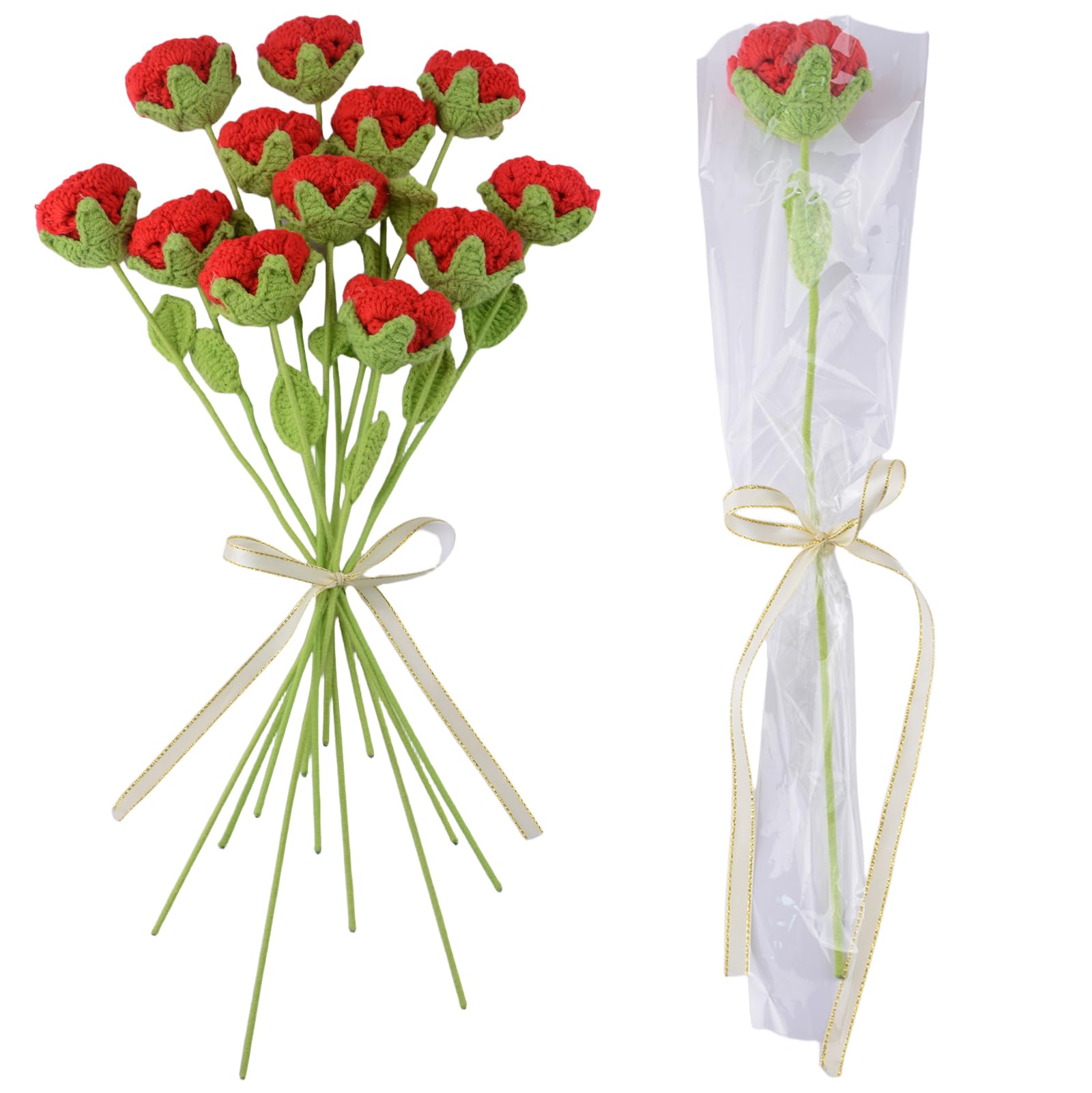 HICOHAND かぎ針編みのバラの花, 12PCS ハンドメイド ニット 赤いバラの花束 完成品 DIY 人工かぎ針編み花束 誕生日 結婚式 バレンタインデー...