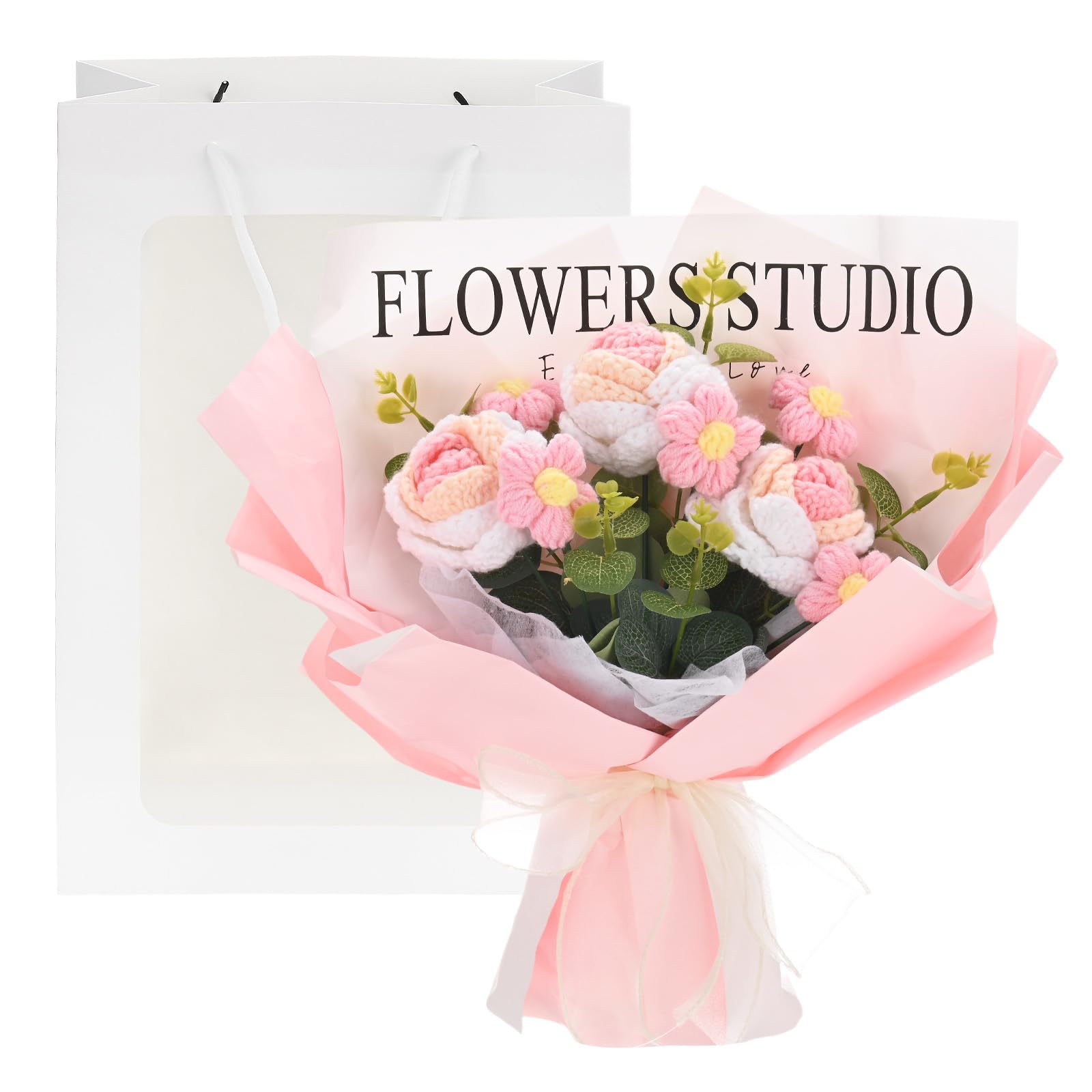 M METERXITY 手作り編み花束、人工的な3本のバラと5本のデイジーが混ざったギフトバッグ付きのDIYホームデコレーション/誕生日/結婚式/バレンタインデ...