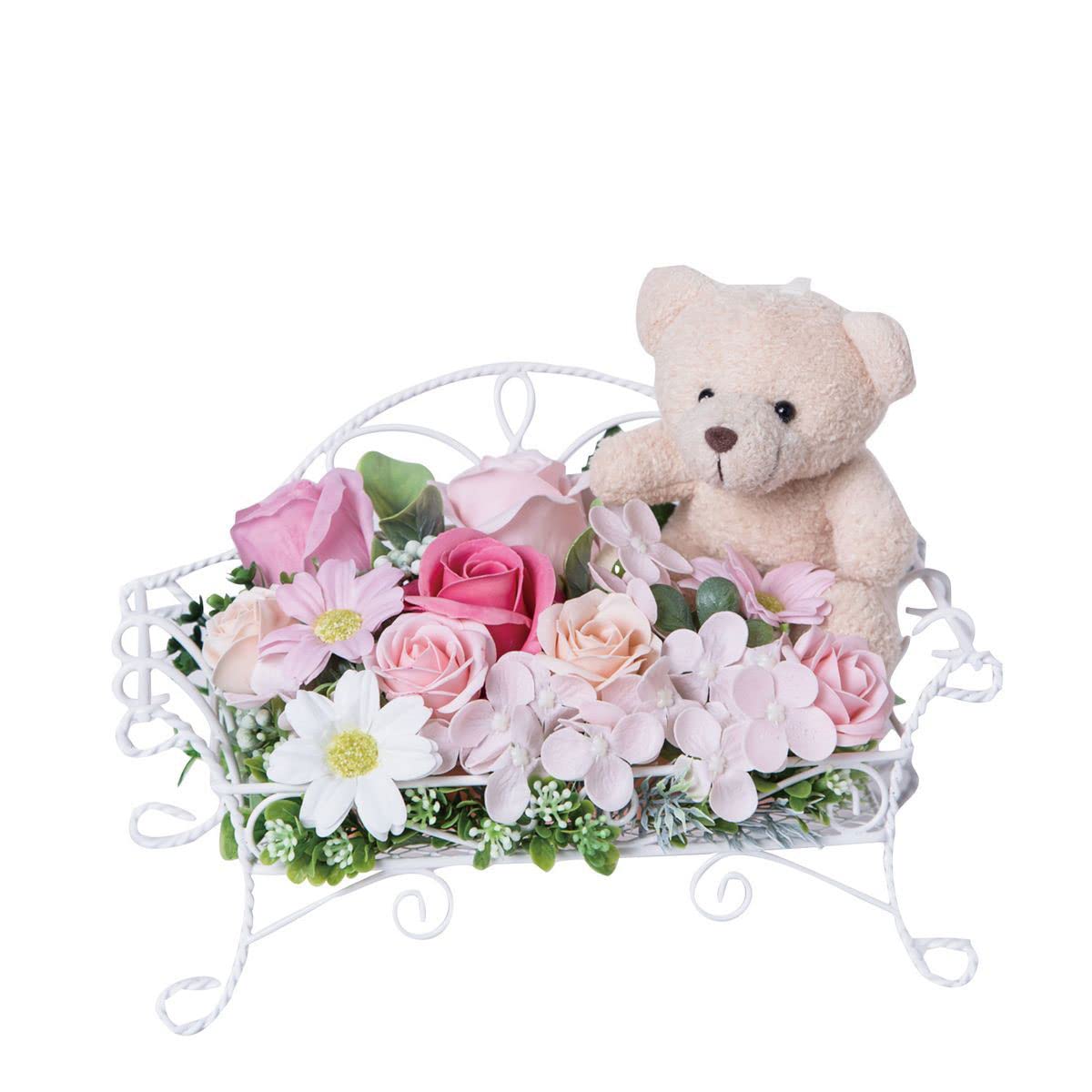 【HillTop】フォレストベアー ソープフラワー クマのぬいぐるみ アレンジメント プレゼント ギフト SM-963 (ピンク/ベージュ)