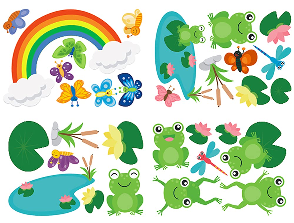カエル ウォールステッカー 剥がして貼れる 取り外し可能 カエル トンボ 蓮 レインボー ウォールアート デカール 子供 寝室 保育園 プレイルーム 2