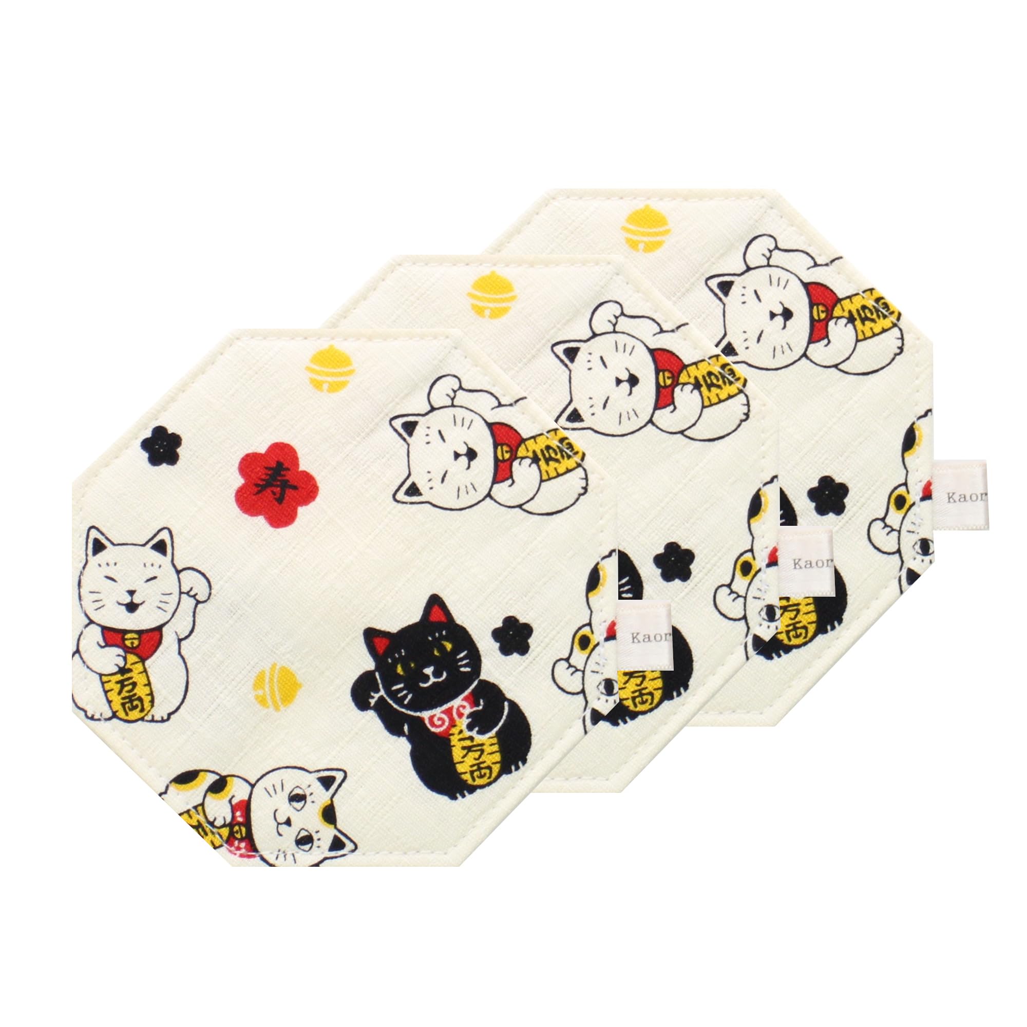 ふんわりコースター 3枚 八角形 kosta1-26-0 布製 招き猫 10cm×10cm 日本製 おしゃれ 手作り 小物 カフ..