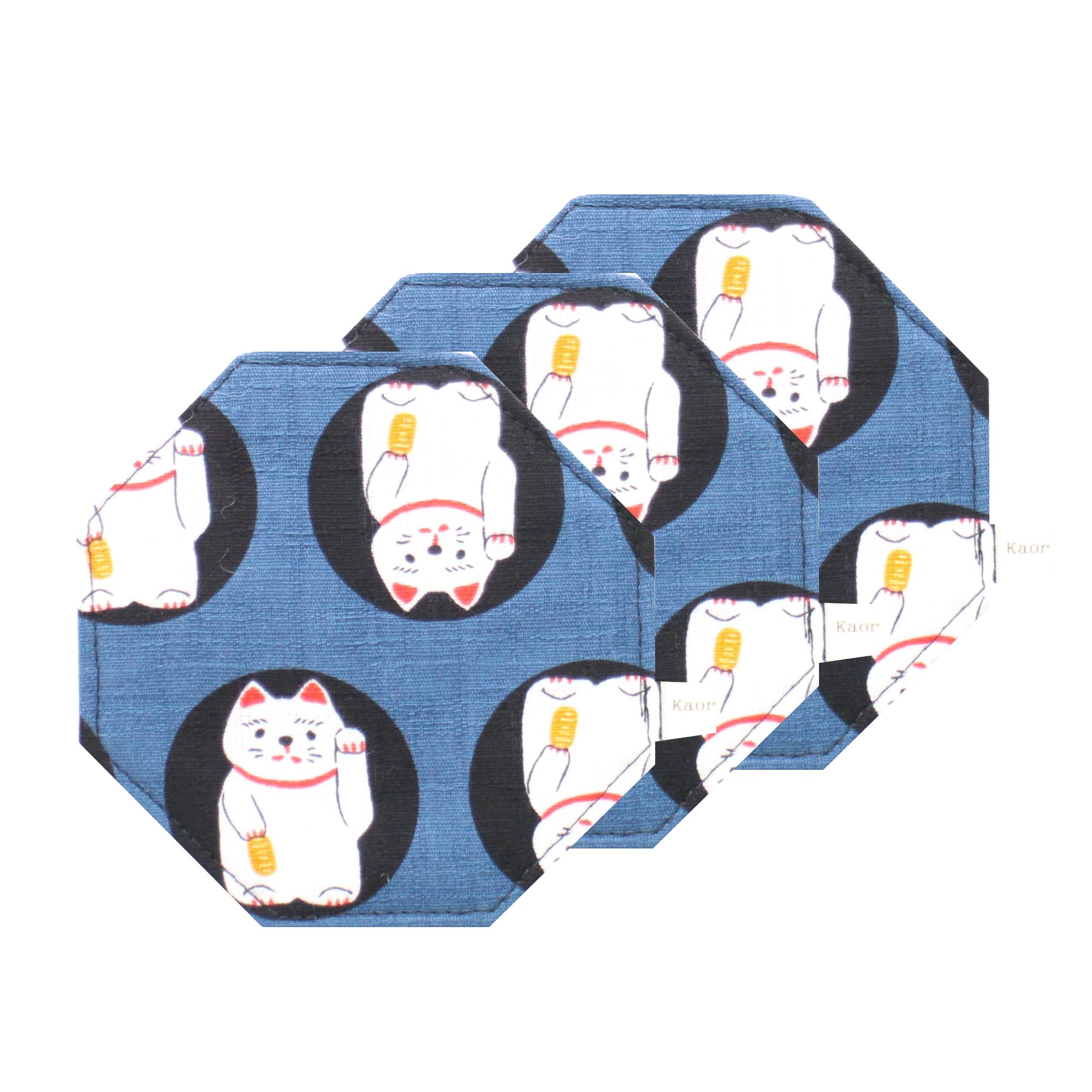 ふんわりコースター 3枚 八角形 kosta1-29-0 布製 紺 招き猫 10cm×10cm 日本製 おしゃれ 手作り 小物 ..