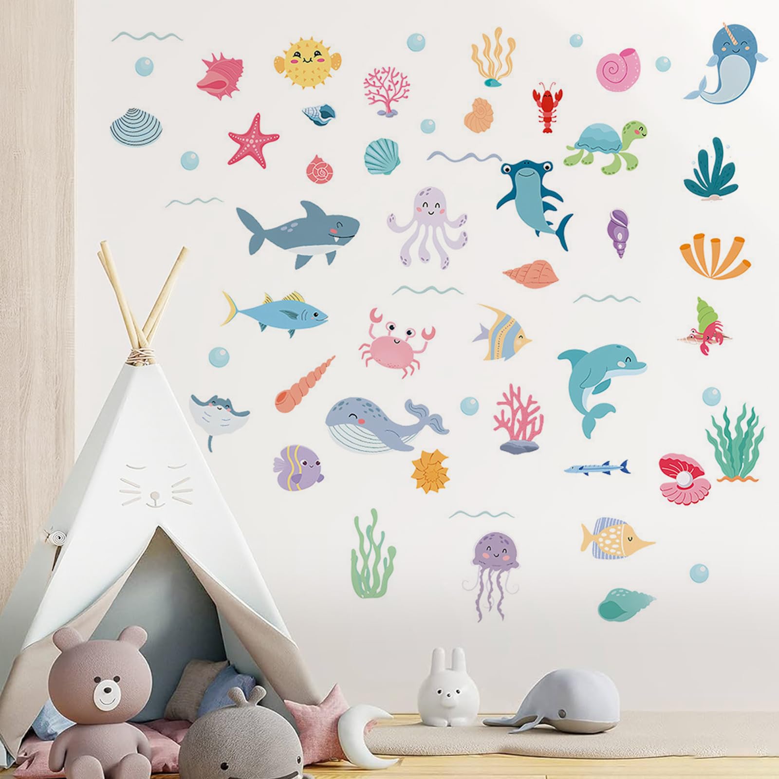 happykau ウォールステッカー 海洋生物 5枚 ウォールシール 海の生き物 魚 貝類 海藻 水中の世界 保育園 子供部屋 教室 幼稚園 浴室 寝室 デコレーション 男の子 女の子 使いやすさ 装飾ステッ