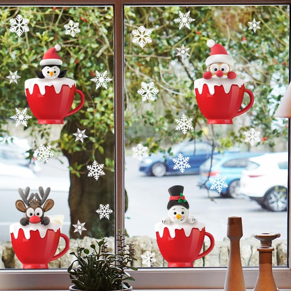 クリスマスマグカップパターンウォールステッカースノーフレーク静電デカール新年ホームデコレーション..