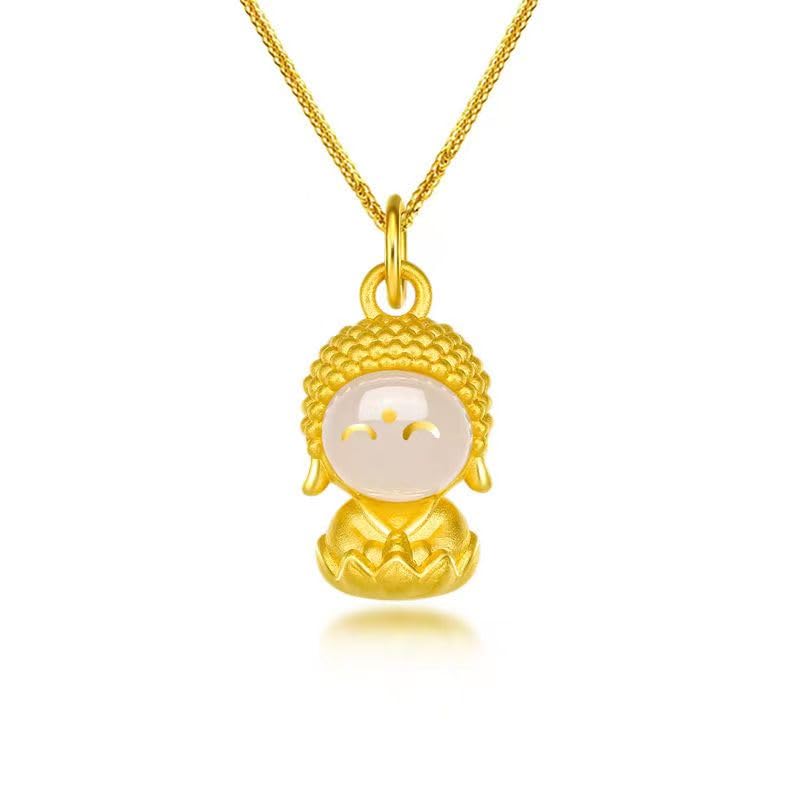 [FinOti] 18k Gold Smiling Buddha Necklace with Jade Inlay - A Symbol of Joy, Protection, and Spi..
