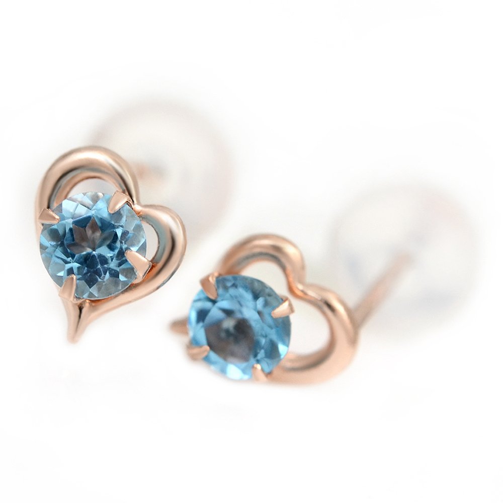 K10 ピンクゴールド オープンハート ピアス スタッドピアス 両耳用ペア 11月誕生石ブルートパーズ