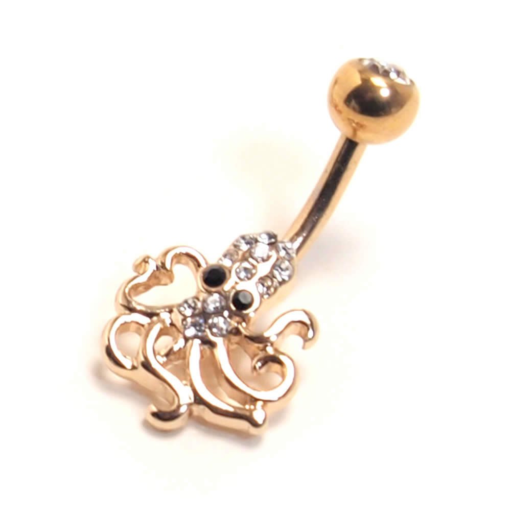 [HOMESLICE PRODUCTIONS] へそピアス 14G クリスタルパヴェ ジュエル オクトパス タコ バナナバーベル ..