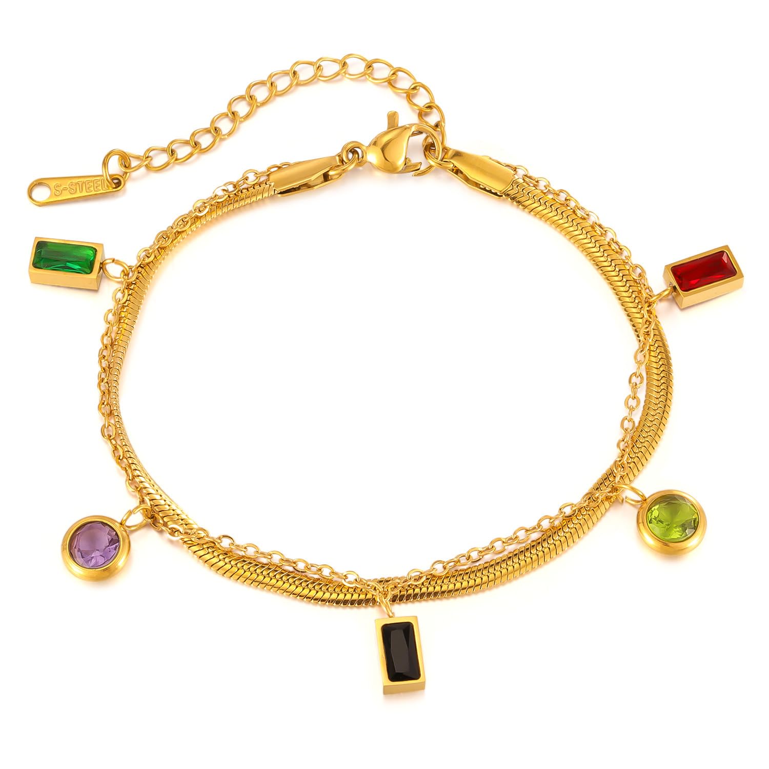 Rockyu Allure ブレスレット レディース 2連 スネークチェーン ゴールド 誕生石 五色石 赤紫緑黒黄 ジルコニア ステンレス ダブル おしゃれ シンプル 可愛い 幸せアクセサリー 恋人プレゼント