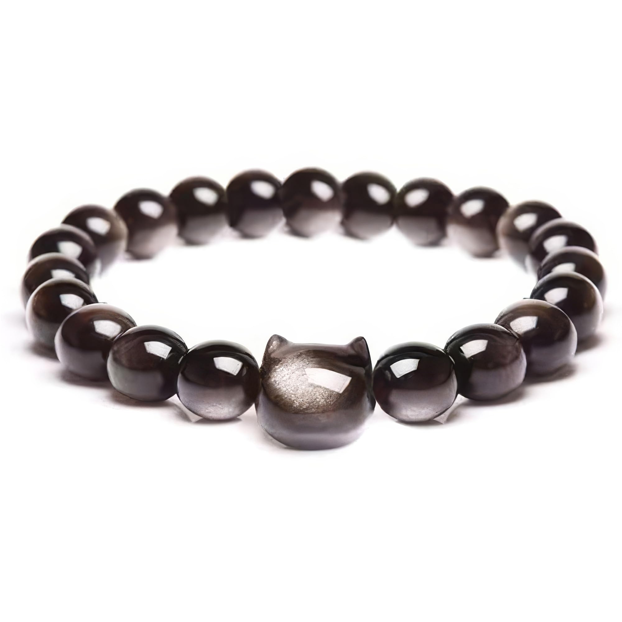 [Chiorgone] シルバーシーンオブシディアンフォーチュンキャットブレスレット、天然石ビーズジュエリー..