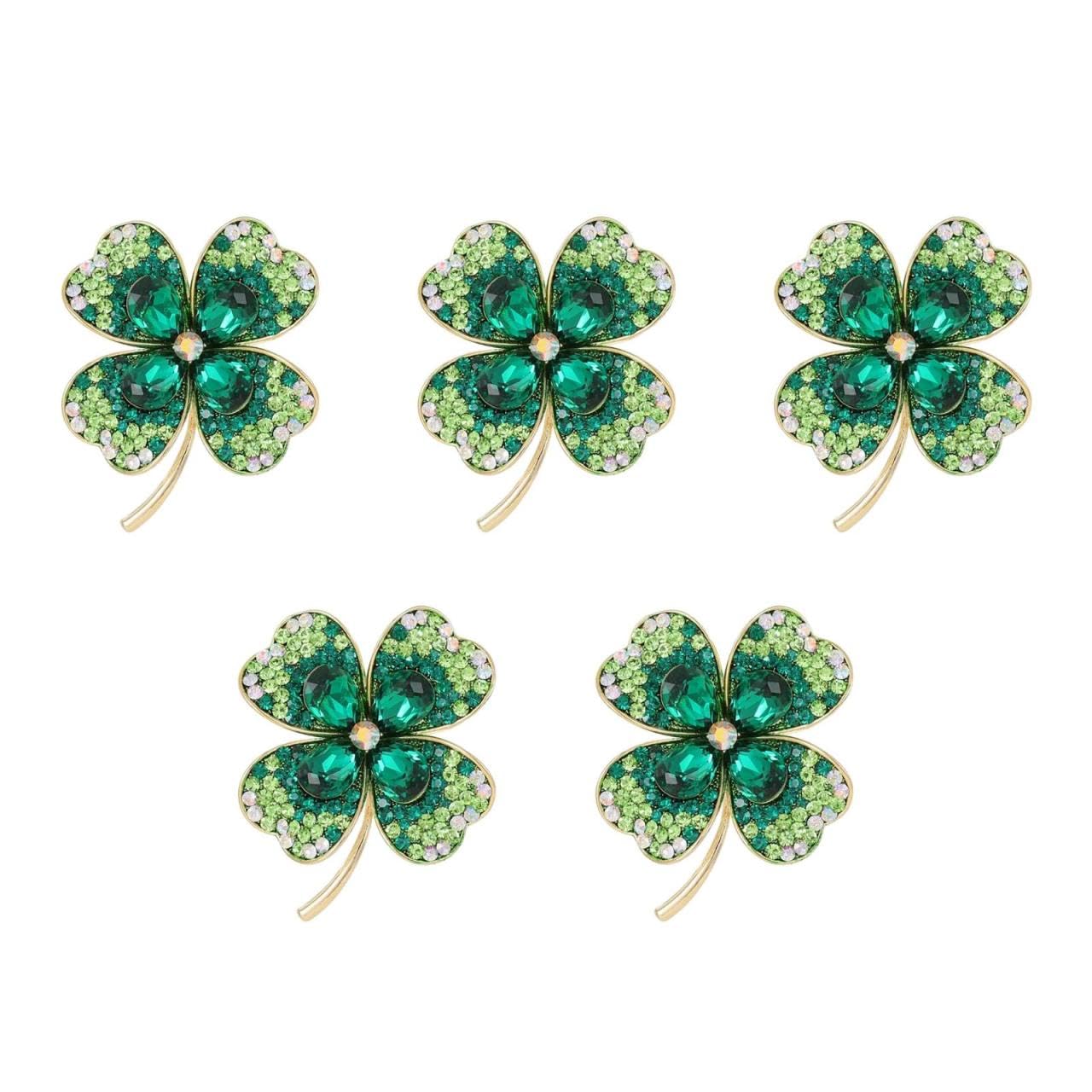 Lurrose レディース シャムロック ブローチ 5個セット グリーン 合金製 ラインストーン装飾 幸運の四つ..
