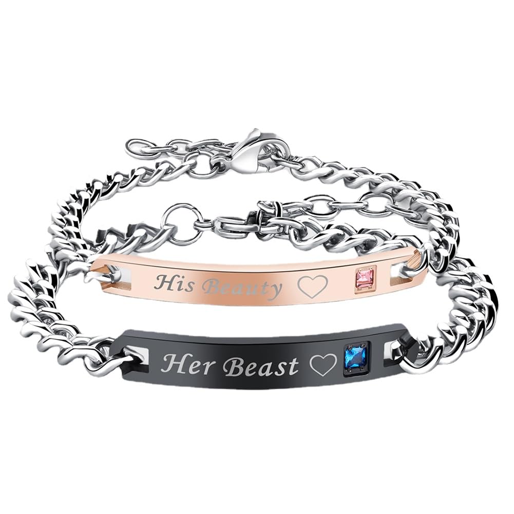 [Rockyu] ペアブレスレット カップル ブラック ゴールド 英語文字刻印 ジルコニアブレスレット ステン..