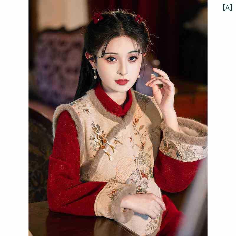 3件套 - 蘇 城 日記 赤い チャイナ ドレス 2024 新型 秋冬 ベルベット 改良新 中国 式 馬 甲 セットは 長袖を 厚く する