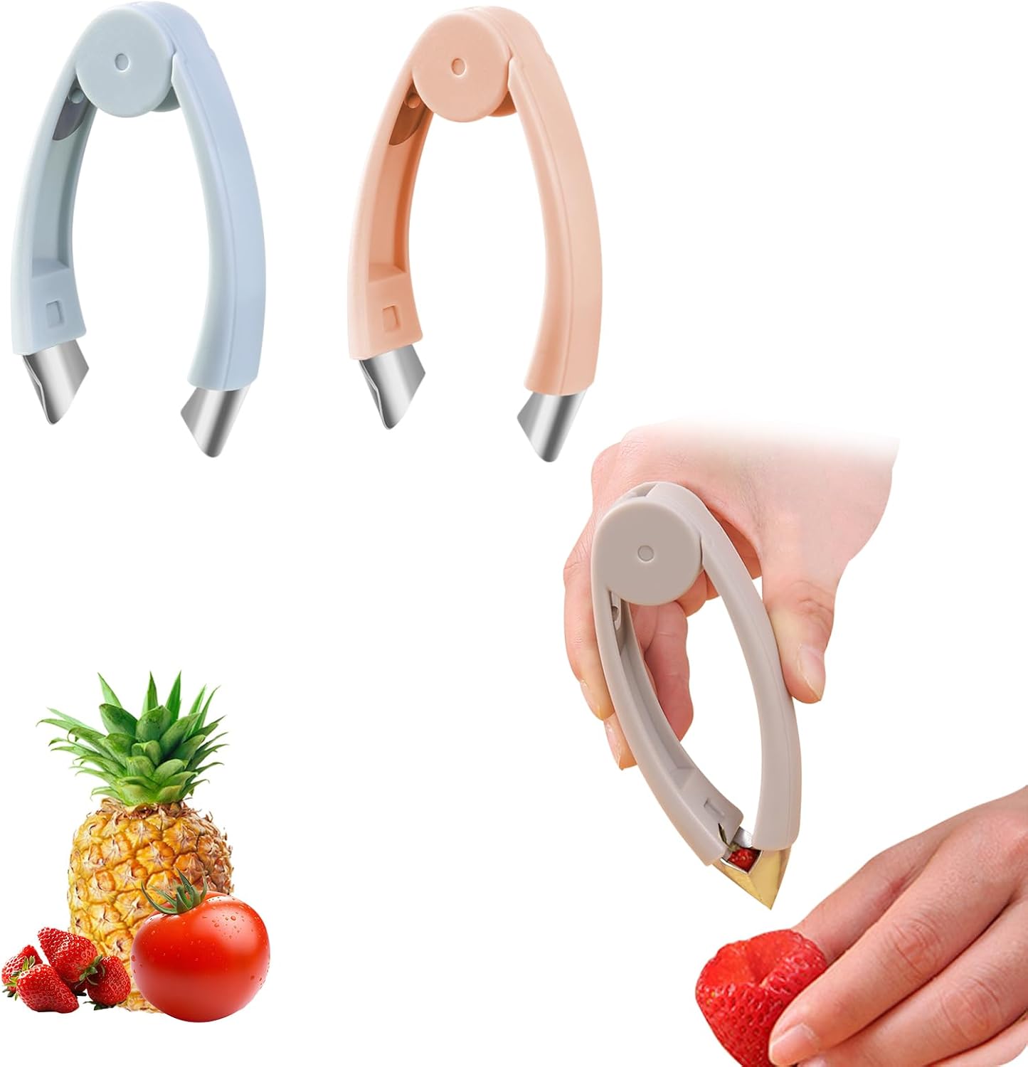 イチゴのヘタ取り器 ストロベリーハラー トマト・フルーツ・じゃがいも用 簡単ヘタ取り・芽取り・茎取り・タネ抜き パイナップルカッター付き キッチン用品