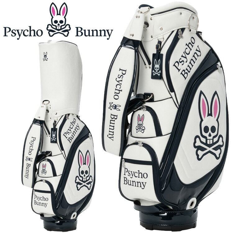 Psycho Bunnyの象徴、ピンクの耳のスカルバニーを左右に配した今シーズンのトップモデル、キャディバッグ。レザーライクな合皮を使用し、ロゴは全て刺繍で高級感を演出。大胆かつシンプルなデザインで長く愛用可能。ポーチや小物を掛けられるハンドル横にオリジナルカラビナ付き重量/4.8kg 口径/9.0型 仕切分割/5分割 セパレーター分割/3分割 クラブ対応長さ/46インチ クラブ収納数/14本 ネームプレート素材/アクリル素材 合成皮革(PU)製造国 中国◆ネームプレート名入れサービス（1行まで無料）◆「漢字」「かな」「カナ」「アルファベット」※ゴシック体のみ名入れサービス希望の場合は、必ず備考欄に刻印名を記入下さい。※ネームプレート刻印が、キャディバッグ本体の出荷に間に合いましたら本体に取り付けて出荷、間に合わない場合、ネームプレートのみ後日郵送いたします。※ネームプレートが金属の場合は、別プレート刻印物の貼付けとなります。メーカー希望小売価格はメーカーサイトに基づいて掲載しています