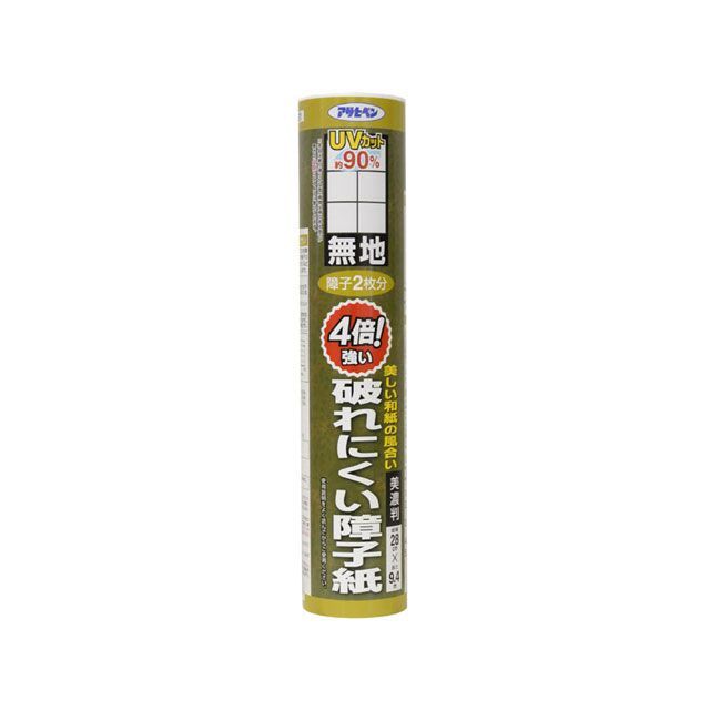 ●メーカー名：アサヒペン / asahipen●商品名：4倍破れにくい障子紙美濃 28x9.4（無地）●メーカー品番：AP9018018●JANコード：4970925165923●仕様■規格：28cmX9.4m■商品サイズ（mm）：W65xD65xH280■重量：210g■材質：ポリエステル60％、パルプ30％、ビニロンバインダー10％、紫外線カット加工、蛍光剤配合●備考■美しい和紙の風合いを持った破れにくい障子紙です。■障子紙のJIS規格破裂強さの下限値に比べて、約4倍の強さです。■UVカット加工により、紫外線を約90％カットしますので、室内の色あせ・変色を防止する効果があります。■陽があたっても変色・劣化しにくい障子紙です。●写真注意※画像はイメージです。