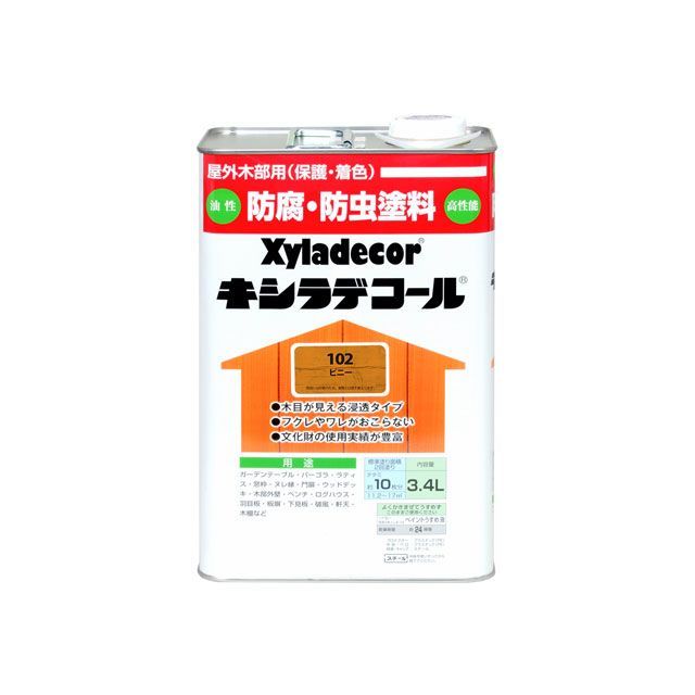 ●メーカー名：カンペハピオ / Kanpe Hapio●商品名：キシラデコール ピニー 3.4L●メーカー品番：・00017670130000●JANコード：4571152251962商品の保証は、メーカー保証書の内容に準じます。●仕様【塗れない物】吸い込みのない木材（プリント合板・デコラ板）、常に水に浸かっている所、犬小屋・鳥小屋※塗装後も保護成分の臭いが若干残りますので、屋内木製品の塗装には不向きです。■容量：3.4L■色：カラレス■商品サイズ（mm）：168Φ×103×250■商品重量（g）：3340■乾燥時間： 約24時間（20℃） 約3日以上（冬）■重ね塗り時間：12時間以上（20℃） ■塗り面積（m2）：約 11.2〜17■塗り重ね回数：2回●用途屋外の木部（ウッドデッキ ラティス パーゴラ ベンチ ログハウス 羽目板 板へい）●特長■高い信頼と実績！全国の重要文化財や公共施設に使用されているドイツ生まれの高耐久木材保護塗料■高性能防虫・防腐・防カビ・はっ水成分が木材の深部まで浸透し、日光、雨、害虫、カビなどから長期間木材を守ります。■木目をいかしたまま表面に塗膜を作らず着色するので、木材の持つ自然な風合いを引き立たせます。●写真注意※画像はイメージです。