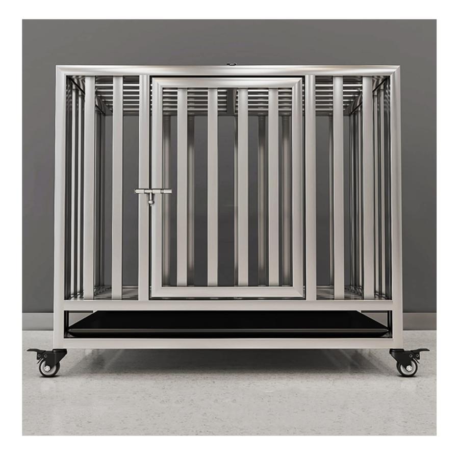 なステンレス製の角筒型ドッグケージ トレイ付き、ユニバーサルホイール 大型犬、中型犬、小型犬に対応..