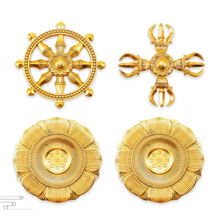 商品仕様： 製品名：輪宝＆輪羯台セット.羯磨＆輪羯台セット 材質:黄銅 サイズ ：直径:13.5cm 中釜炉部分直径、24センチ 発送について： 配送は佐川急便でお届けいたします 全国一律　送料無料 時間指定も承ります 指定できる時間帯は［...