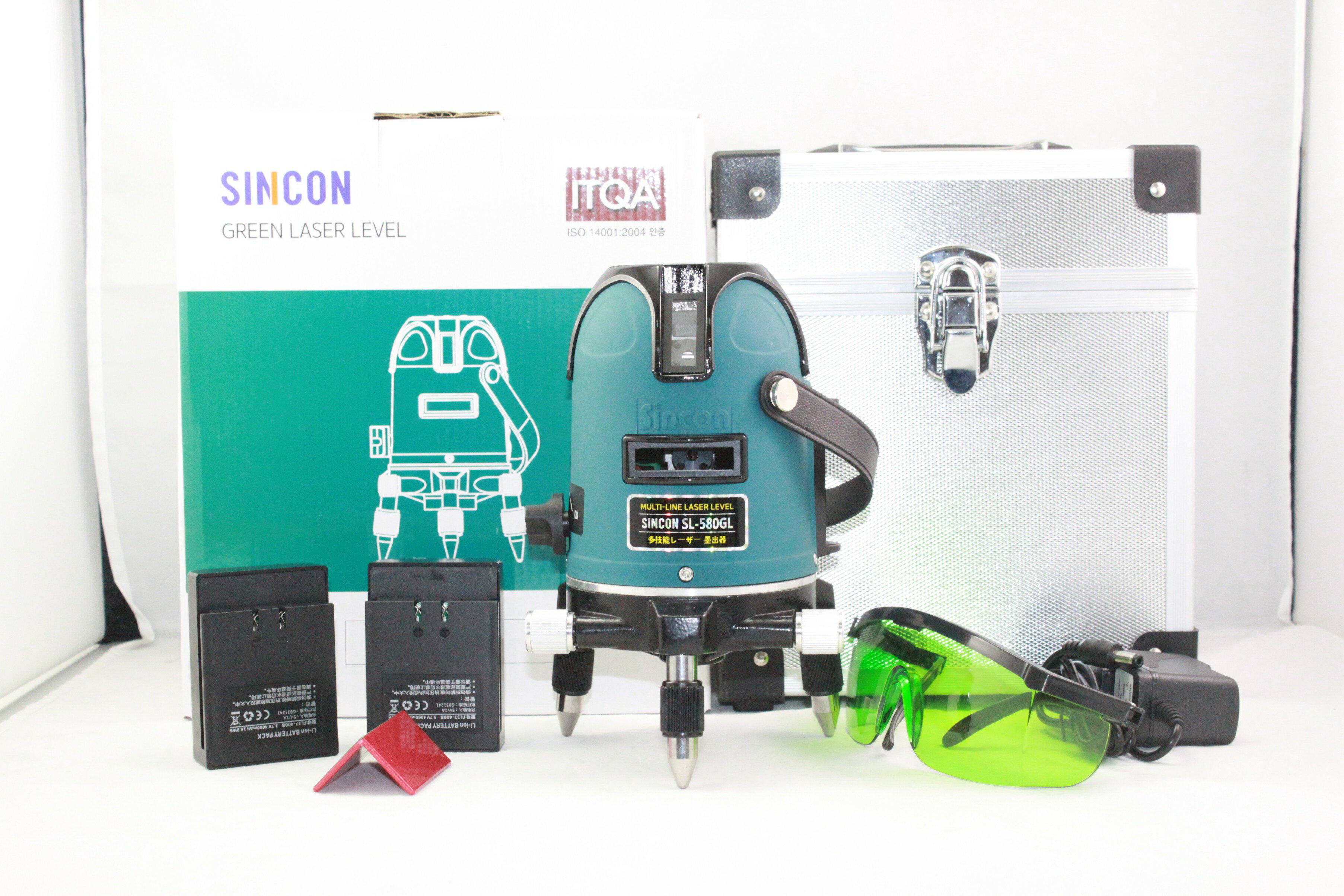 SINCON SL-580GL レーザー墨出し器 グリーン 高精度 自動補正 3D 5ライン 数字表示 バッテリー2個付き 収納ケース付 建築 大工 内装 DIY