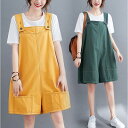 簡約 無地 着痩せ ファッションサロペットパンツ ショート丈 レディースオーバーオール ゆったりワイドパンツ 綿麻オールインワン ショ(4)