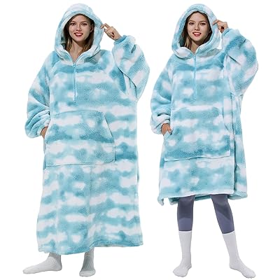 着る毛布 ロング丈 ルームウェア ジッパー付き 部屋着 全身カバー ゲーミング 裏起毛シープボア もこもこ 着るブランケット 軽量 保温 フード ポケット付 ガウン 大きいサイズ 冷え対策 エコ メンズ レディース(2.着丈132CM, 雲柄/ブルー