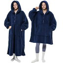 着る毛布 ロング丈 ルームウェア ジッパー付き 部屋着 全身カバー ゲーミング 裏起毛シープボア もこもこ 着るブランケット 軽量 保温 フード ポケット付 ガウン 大きいサイズ 冷え対策 エコ メンズ レディース(1.着丈98CM, ネイビー)