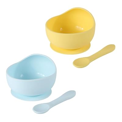 2pcsベビーフード食器粘着吸盤シリコーン子供用落下防止ボウルとスプーンセット食器カタツムリボウルスプーンシリコーンボウル子供用ボウルキッチン用品 (ライトブルー+イェロー)