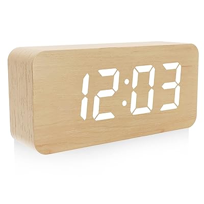 デジタル目覚まし時計 木製置き時計 大型 LED時間表示3目覚まし時計設定 USB給電 き湿度と温度検出電子時計、寝室、ベッドサイドテーブル、机、オフィス、子供、家族に適しています（ナチュラル）