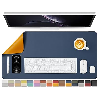 両面レザーデスクマット - オフィスや自宅用防水デスクパッド - デスクの整理とアクセサリー - 大きなマウスパッドやデスクマットに最適 (ダークブルー+イエロ...